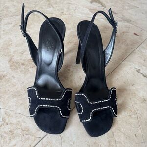 Hermes Black Suede Slingback Sandals with Silver Stitching